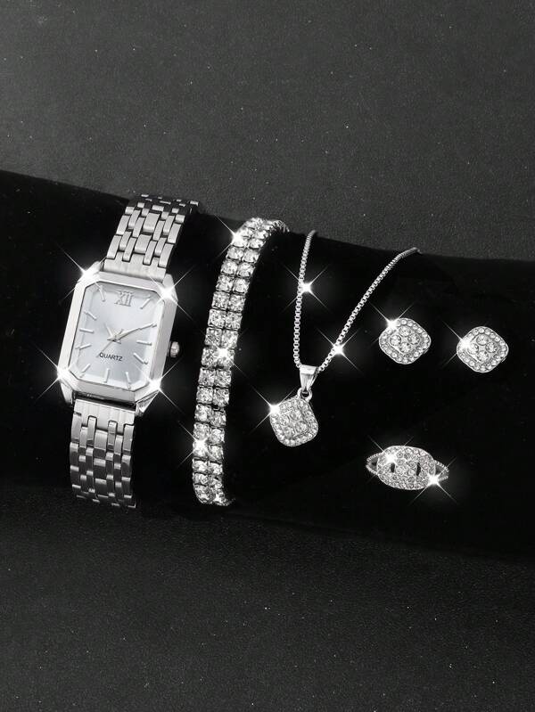 Set de 6 relojes de cuarzo cuadrados de color plateado para mujeres, esencial para volver a la escuela, regalo para vacaciones, joyería cuadrada con rhinestones