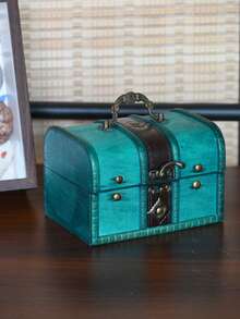 1pc Handmade Vintage Square Wooden & Leather Jewelry Box Blue-Green Color Treasure Chest With Lock, Charming Rustic Elegant Compact Lockable Jewelry Storage Box For Rings Necklaces Earrings Bracelets, Decorative Home Decor Piece For Dressing Table Vanity Bedside, Perfect Holiday Gift For Christmas Thanksgiving Halloween Weddings Anniversaries Birthdays Romantic Keepsake Travel-Friendly Organizer For Small Accessories