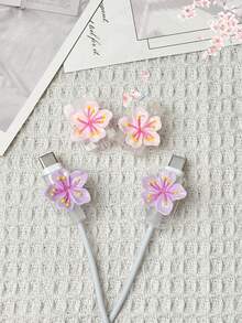 2pcs Cherry Blossom Data Cable Protector, Mobile Phone Accessories, Anti-Bending Charging Cable Protector, Mobile Phone Charging Cable Connector Protective Gear Charger Accessories - Multicolor - View 3