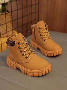 1 Pair Yellow Toddler/Kids' Soft Matte Military Boots, Round Toe, Warm Thick Sole, Durable, Lace-Up & Zipper Design, Classic Short Boots, Suitable For Boys/Girls, Casual, School, Vacation, Autumn/Winter