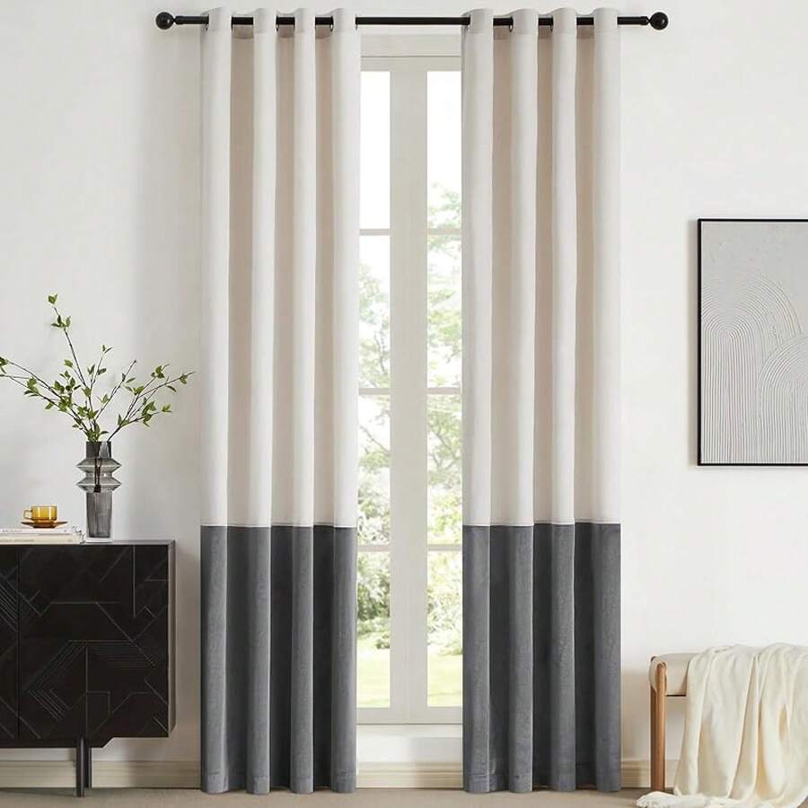 Black Gold Color Block Window Curtains Panels 84 Inches Long Farmhouse Drapes Bedroom Living Room Darkening Treatment With Grommet Set Home Decor - 米色和灰色 - 查看 1