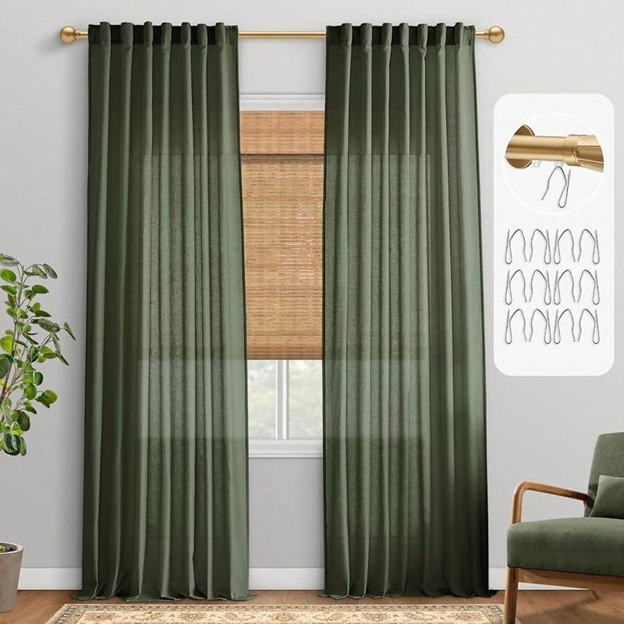 Coquette White Linen Bedroom Sheer Curtains 108 Inches Long, Back Tab Pleated Long Curtains, Elegant Modern Long White Curtains Living Room, 9 FT - Olive - View 1