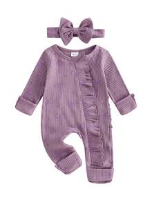 Baby Girl Spring Fall Winter Clothes Newborn Baby Girl Hospital Going Home Outfit Ribbed Footed Romper Bow Print Long Sleeve Full Length Ruffle Zipper Footie Jumpsuit Headband - 紫色 - 查看 2