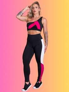 Conjunto Fitness Feminino Calça Legging Cintura Alta Recorte Faixa Lateral E Top Cropped Ombro Só Academia Treino RIQ Modas - Rosa chiclete - Visão 2