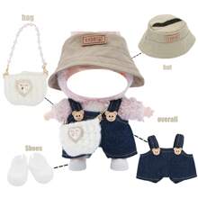 Fischerhut und Latzhose Set, für LABUBU, kombiniert mit gestrickter Perlen Handtasche und Schuhen, modische Accessoires und Zubehör (ohne Plüschpuppe, nur Kleidung und Accessoires)