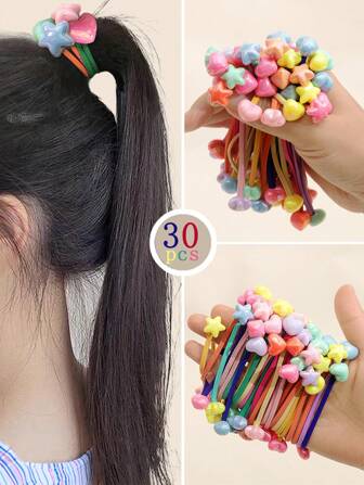 30 Adet/Paket Kızlar İçin Renkli Plastik Yıldız ve Kalp Boncuklu Elastik Saç Tokaları, Rastgele Renk, Günlük Yaşam veya Okul İçin Uygun