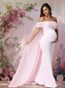 JustVH Maternity Floral Off-Shoulder Dress For Baby Shower, Mesh Cloak Maxi Women Outfit Photoshoot Prop