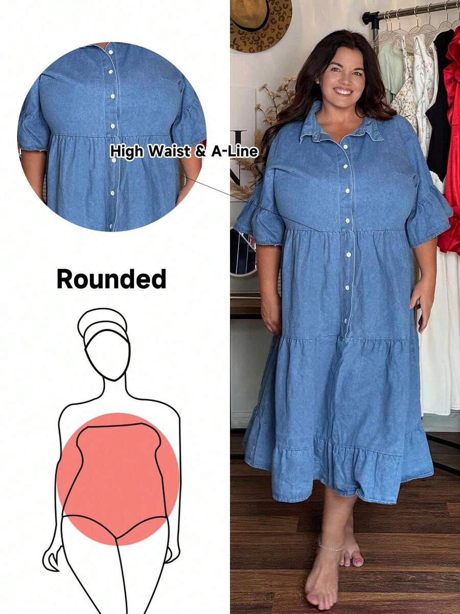 Enliva 加大荷叶边袖子荷叶边下摆牛仔连衣裙 - 中等水洗藍 - 查看 1