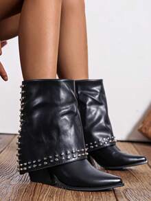 Women's Fashionable Studded Detail Short Boots - Black - View 4