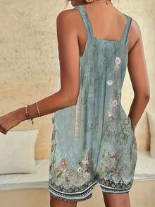 Elegant Holiday Floral Print Dual Pockets Jumpsuit Romper