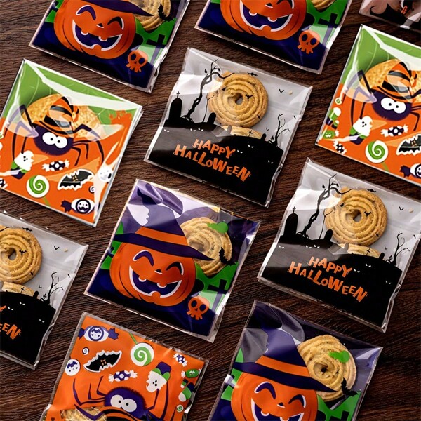 300pcs Halloween Treat Bags - Adorable Cartoon Design With Pumpkin, & Bat Motifs, Self-Adhesive Cookie & Candy Packaging, Durable Plastic, Perfect For Party Favors & Decorations, Halloween Decorations,Random Style(100/300pcs)