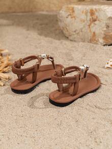 2025 New Bohemian Style Children Sandals, Bright Leather Sandals In Yellow And Pink, Fashion Design, Beach Sandals, Suitable For High School And College Students - Coffee Brown - View 4