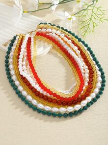 1 件波西米亚风格天然宝石和彩色手工串珠项链，欧美优雅多层锁骨链，适合大型聚会、派对、音乐节，时尚百搭