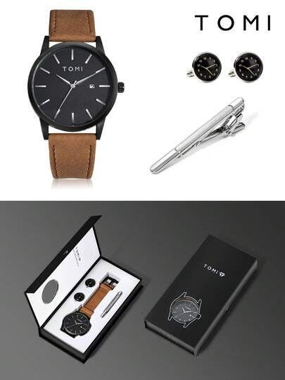  TOMI 3-Eye Chronograph Quartz Men's Watch With Cufflinks & Tie Clip, Zinc Alloy Leather Band, Minimalist Design, Gift Box Packaging, Suitable For Daily Life, Business, Holidays, Father's Day