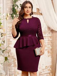 MIUSOL Vestido de lápiz para cóctel con cuello de ojo de cerradura con encaje floral, volantes y mangas 3/4 - Burdeos - Ver 1