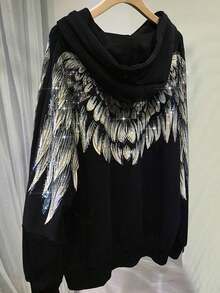 Regular Fit Hoodie For Women Rhinestone Both Wing Hooded Sweatshirt Women Couple Long Sleeve Black High Street Luxury Hoodies - 黑色 - 查看 1