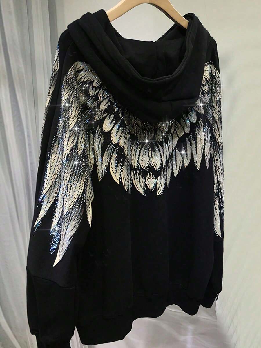 Regular Fit Hoodie For Women Rhinestone Both Wing Hooded Sweatshirt Women Couple Long Sleeve Black High Street Luxury Hoodies - 黑色 - 查看 1