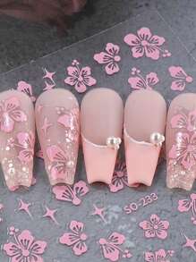 6 Pieces Of Spring And Summer Hibiscus Nail Art Stickers - White, Pink, Blue, Silver, Gold, Yellow Fresh Hibiscus Flower, Hibiscus Flower Art Design, 3D Flat Technology, Suitable For Women's Daily, Wedding, Holiday, Disposable Self-Adhesive Back Adhesive Nail Art Stickers, Simple, Light Luxury, Chinese Style Theme Style, Easy To Stick Nail Decoration Stickers