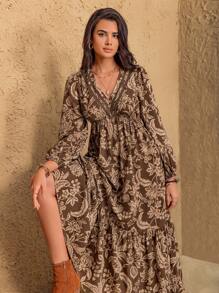 Rusttydustty Bohemian Women Plus Size Floral V-Neck Elegant Dress Casual Natural Comfortable Beach Holiday Music Festival