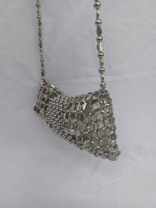 Metallic Glitter Beaded Mesh Mini Party Bag With Satin Pouch - Silver - View 5