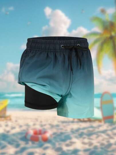 Tween Boy Ombre Print Drawstring Waist Swim Shorts