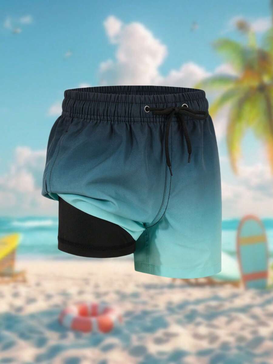 Tween Boy Ombre Print Drawstring Waist Swim Shorts - Green - View 1