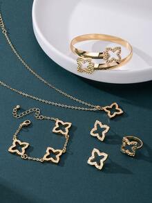 1 Set Women's Gold Jewelry Set Including 1 Necklace With Embossed Clover Pendant, 1 Pair Earrings, 1 Ring, 1 Bracelet, 1 Bangle - Yellow Gold - View 3