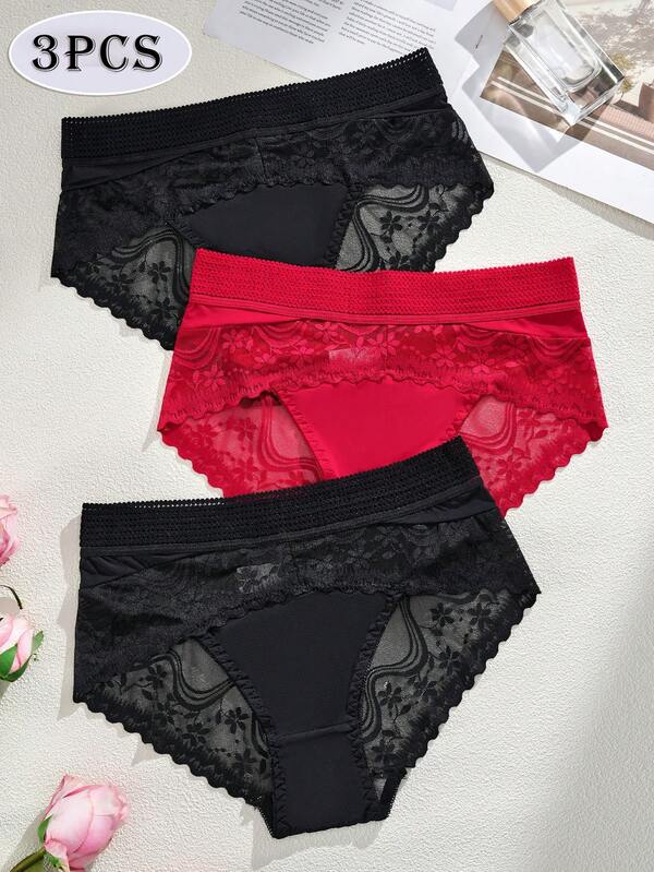3 قطع - شهوة سقف! مزيج سروال داخلي مزين بالدانتيل، سراويل داخلية نسائية مثيرة، قصاصات شفافة مثيرة، جميلة وطازجة ورومانسية، صيفية مريحة، خفيفة الوزن، للاستخدام اليومي، تباين أسود وأحمر، ملابس داخلية أنيقة، ملابس داخلية سوداء مثيرة للنساء، ملابس داخلية حمراء مثيرة، أزهار مثيرة