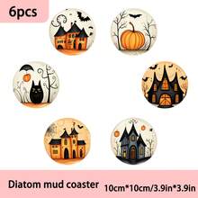 1set/4pcs/6pcs/300pcs Halloween Castle Pumpkin Pattern Diatom Mud Coasters, Coffee Coasters, Suitable For Home And Restaurant Decorations For Various Occasions, Holiday Gifts, Table Decorations, Autumn Decorations, Theme Party Decorations, Can Be Given As Gifts - Multicolor - View 7