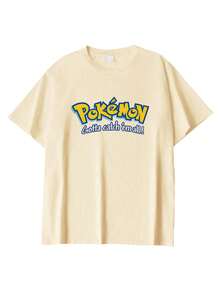 Cotton Women's T Shirt, Pokémon Print, College Style Spring and Summer New Sports Women's Fashion Soft Breathable Women's Light Yellow Short Sleeve Top