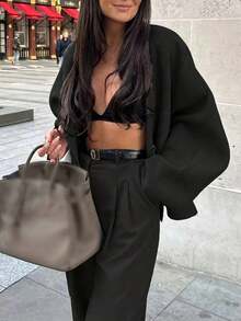 Women's Casual Solid Color Jacket, Versatile For Daily Wear, Autumn/Winter - Black - View 2
