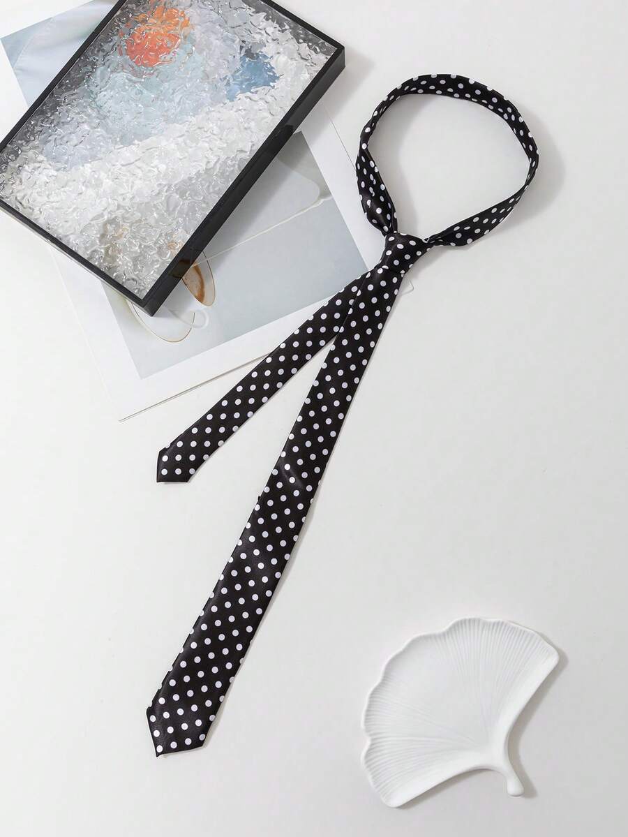 1 件女士休闲时尚黑白波点衬衫（配领带） - 女士手打款領帶 - 查看 1