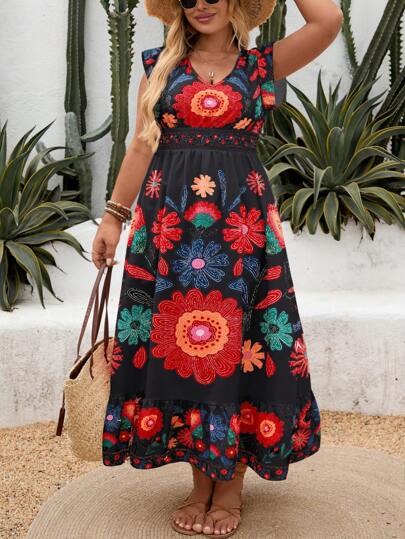 新款秋季花卉和叶子印花休闲连衣裙，带荷叶边下摆，适合度假、休闲派对、茶会、返校、教师节、万圣节、圣诞节