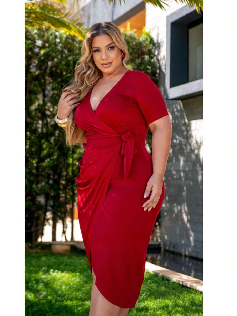 Plus Size Dress Short Sleeve Loose Comfortable Adjustable V Neckline - 紅色 - 查看 1