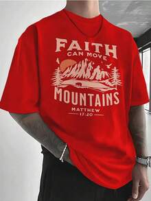 Faith Moves Mountains Men's Casual Cotton Short-Sleeve T-Shirt - Men's Basic Summer T-Shirt (Sizes S-XXXL) Vintage Style, Graphic T-Shirt, Romwe, Fun T-Shirt, Printed Pattern T-Shirt, Western Style, Printed Pattern T-Shirt - 紅色 - 查看 1
