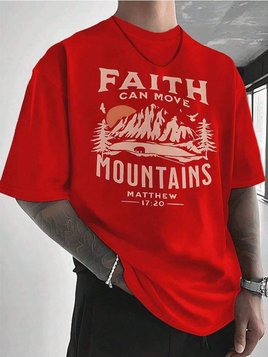 Faith Moves Mountains Men's Casual Cotton Short-Sleeve T-Shirt - Men's Basic Summer T-Shirt (Sizes S-XXXL) Vintage Style, Graphic T-Shirt, Romwe, Fun T-Shirt, Printed Pattern T-Shirt, Western Style, Printed Pattern T-Shirt - 紅色 - 查看 1