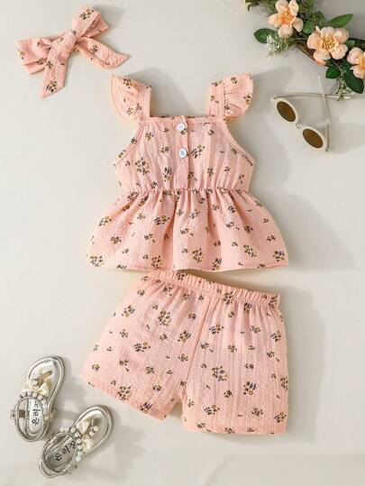 女宝宝荷叶边吊带碎花上衣+短裤可爱甜美装