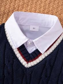 2pcs/Set Boys' Classic School Style White Shirt And Sweater Vest - Blue and White - View 4