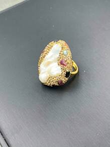 1pc Natural Baroque Freshwater Pearl & Beryl Gemstone Adjustable Ring, Fashionable Personalized Luxury Rhinestone Jewelry
