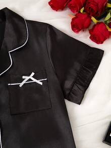 Bộ đồ ngủ cardigan satin mùa hè cho nữ, quần short tay ngắn xếp nếp bỏ túi màu trơn, bộ đồ ngủ satin 2 món - màu đen - Xem 4