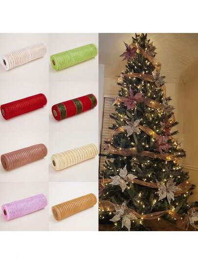 1pc Sparkling Christmas Glitter Mesh Ribbon For DIY Xmas Tree, Wedding, Holiday Home Decor, Hanging Plastic Ornament, Electricity-Free Decorative Ribbon
