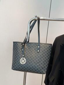 全印花单肩手提包，母亲节礼物，复古字母印花手提包，大容量单肩包，通勤必备腋下包 - 黑色 - 查看 6