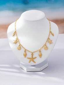 1 Stück Vintage Boho Strandstihl Halskette, dekoriert mit Seestern, Muschel, Schildkröte und Multi-Anhänger Design, mehrlagige Choker Halskette, Party Urlaubsgeschenk, vielseitiges Accessoire - Goldgelb - Übersicht 2