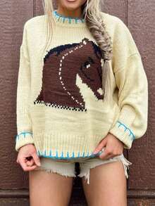 Women Horse Knit Sweater Y2k Graphic Cute Sweater Tops Long Sleeve Crewneck Oversized Sweatshirt Cute Preppy Chunky Jumper Knitwear Tops Streetwear - 黃色 - 查看 4