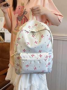 1 Pc Back-To-School Bow Pattern Backpack,High-Capacity Student Bag, With Laptop Compartment Schoolbag, Adjustable Straps Bookbag, Casual Lightweight Travel Backpack, Perfect For Girls/Teens/Students/Graduates, Ideal For Daily Use, Outings, Travel, School & Back-To-School - Multicolor - View 7