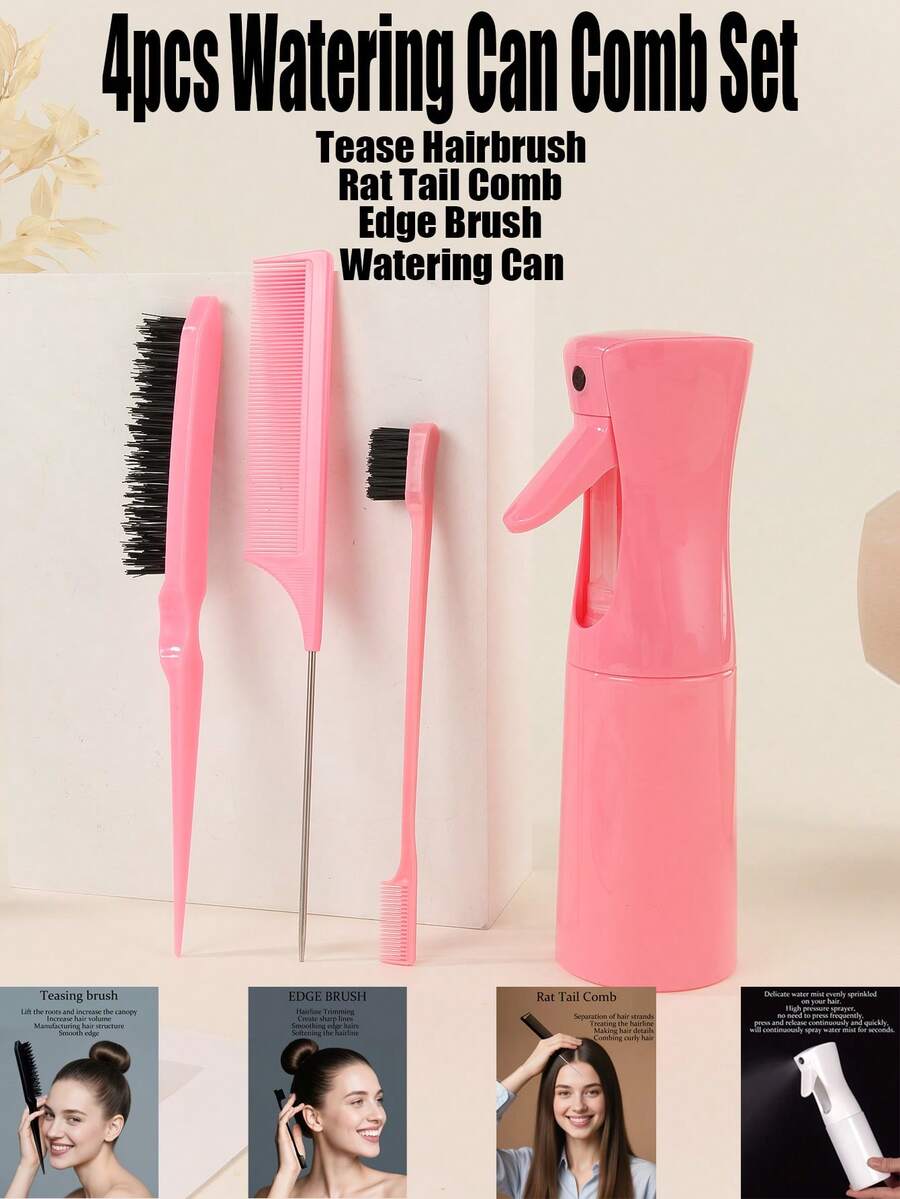 4pcs Hair Styling Spray Bottle & Comb Set: Includes Volumizing Comb, Tail Comb And Edge Comb For Smoothing Hair. Professional Hair Styling Tools: Green Hair Styling Set, Includes Watering Can, Tail Comb, Edge Comb And Smoothing Comb, Suitable For All Hair Types. Set Includes: Combs, Hair Brushes, Edge Combs, Comb Heads, Combs, Detangling Combs - Multicolor - View 1