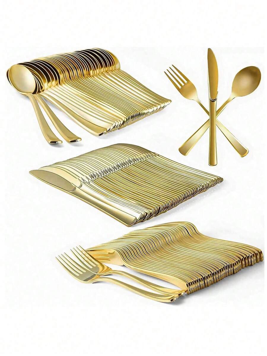 150pcs Gold Cutlery Set, 50pcs Spoons, 50pcs Forks, 50pcs Knives, Washable And Reusable, Suitable For Gatherings, Festivals, Birthdays, Parties, Kitchen And Dining, Weddings, Team Building, Outdoor Activities, Home Parties, Cakes, Salads, Etc.