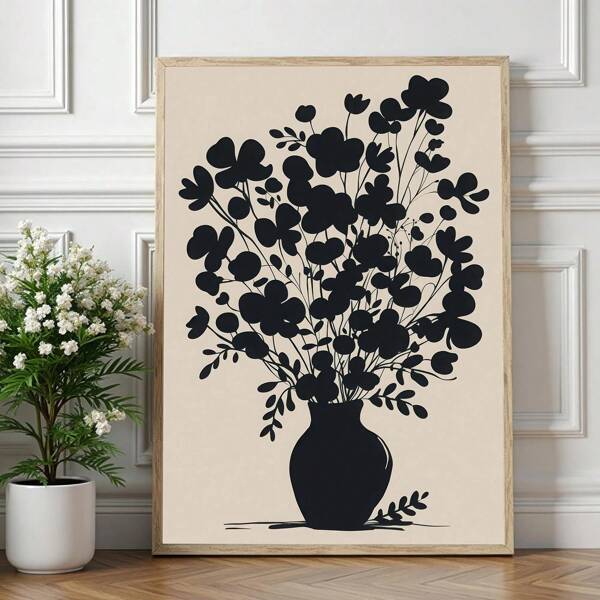 1 pièce, Affiche et impression d'art mural de silhouette de vase de bouquet floral noir | Impression murale botanique minimaliste | Art floral abstrait, salon, bureau, cuisine, décoration murale, SANS cadre
