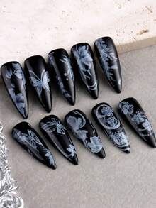 10片/套 墨水花卉美甲印花板，白色雪花、花朵、蝴蝶和线条图案，Y2K可爱美甲装饰设计印花板（不粘）美甲用品 - 彩色 - 查看 7