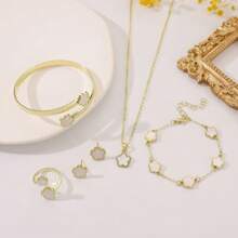 6 pezzi set di gioielli in lega a forma di foglie e quadrifogli per donne - bracciale, collana, orecchini a perno, ciondolo a fiore della fortuna